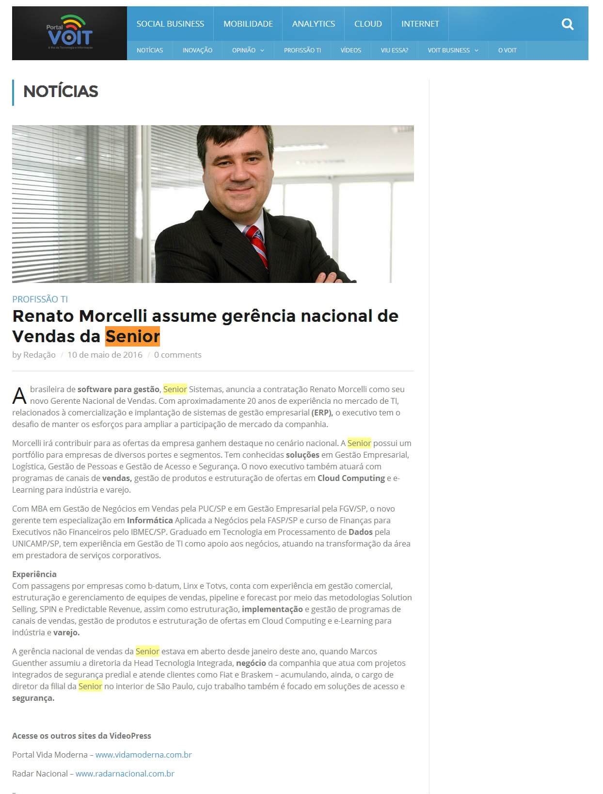 PORTAL VOIT | Renato Morcelli assume gerência nacional de Vendas da Senior