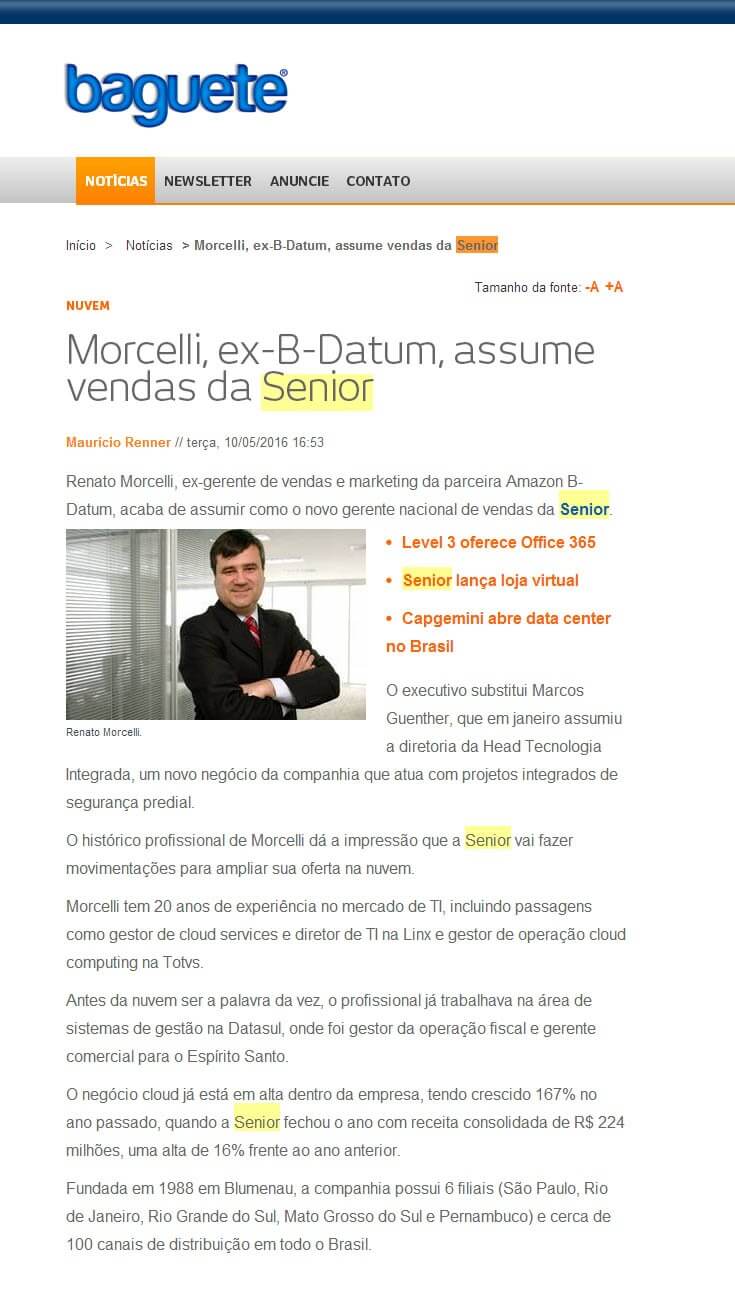 BAGUETE | Morcelli, ex-B-Datum, assume vendas da Senior