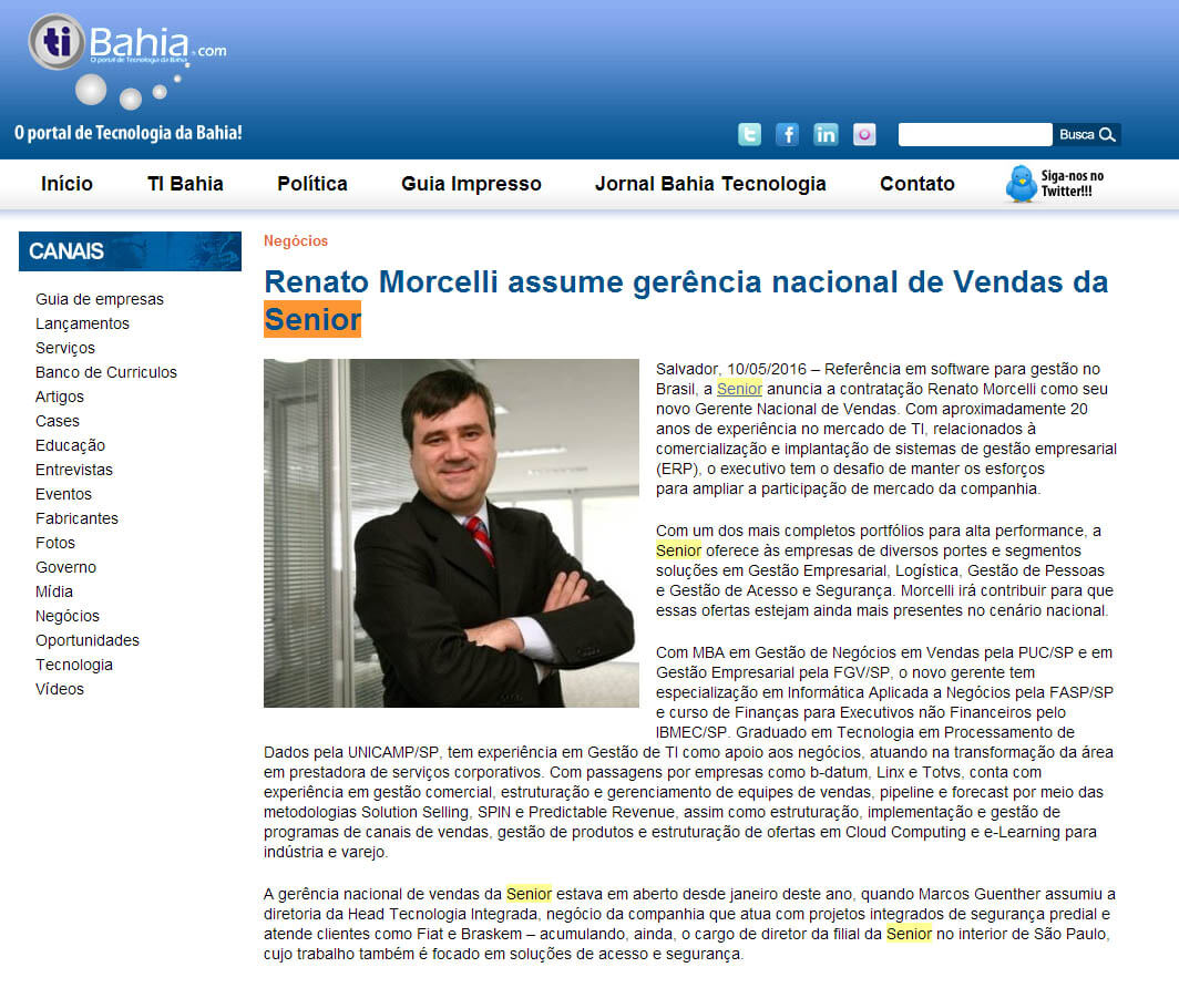 TI BAHIA | Renato Morcelli assume gerência nacional de Vendas da Senior