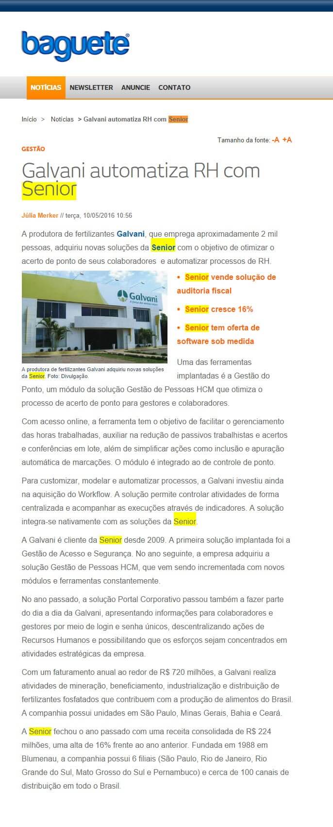 BAGUETE | Galvani automatiza RH com Senior