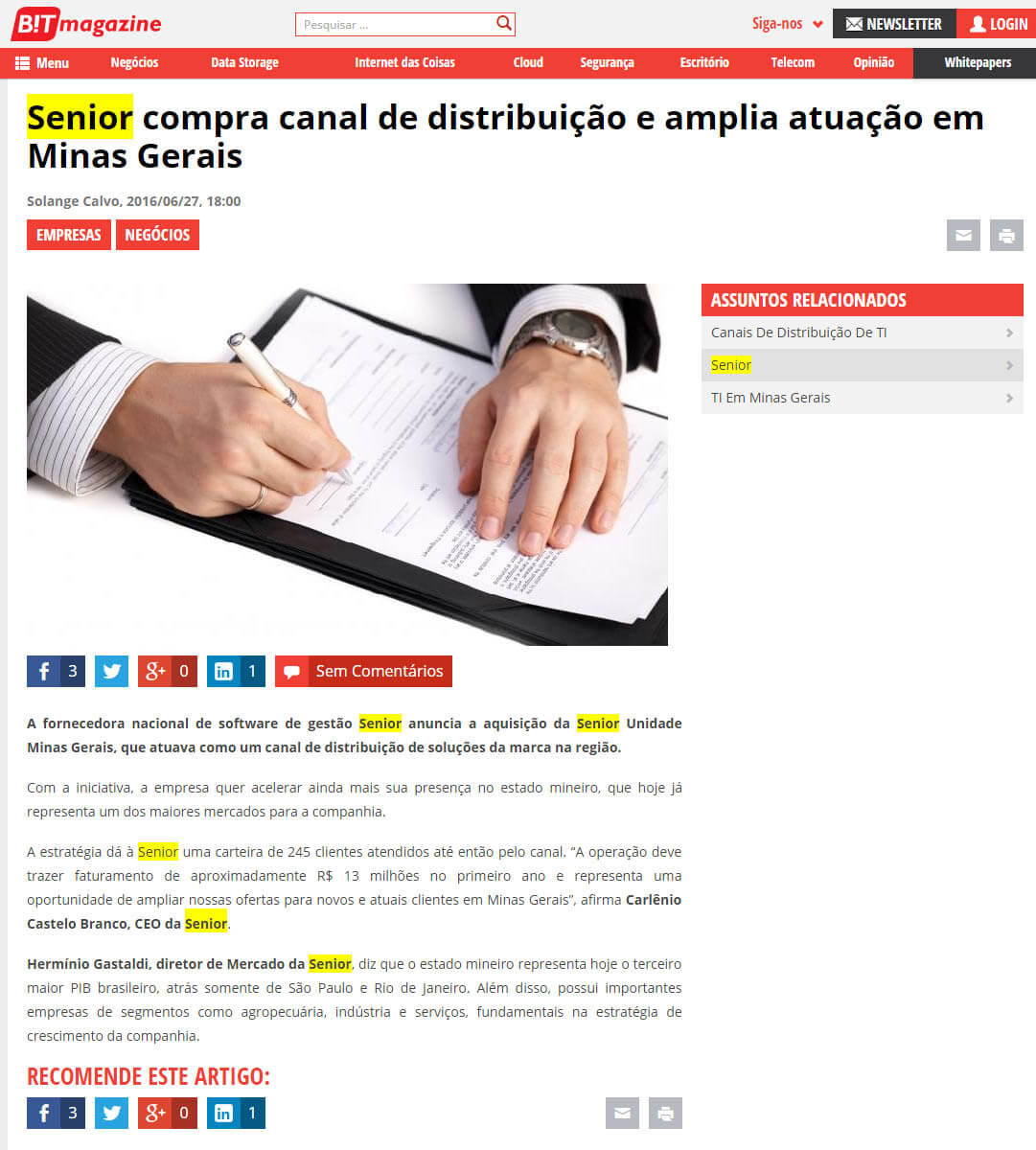 BIT MAGAZINE | Senior compra canal de distribuição e amplia atuação em Minas Gerais