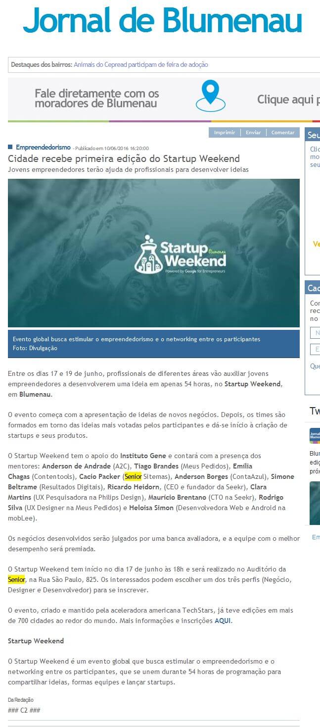 JORNAL DE BLUMENAU | Cidade recebe primeira edição do Startup Weekend