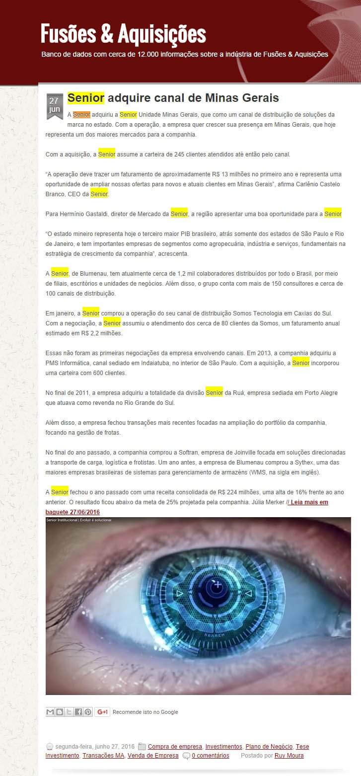 FUSÕES & AQUISIÇÕES | Senior adquire canal de Minas Gerais