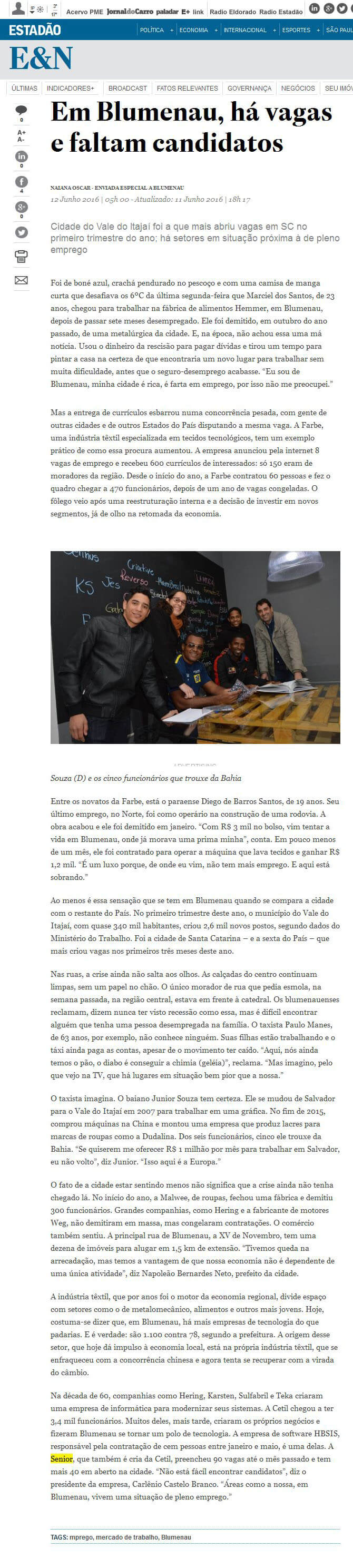 ESTADÃO | Em Blumenau, há vagas e faltam candidatos