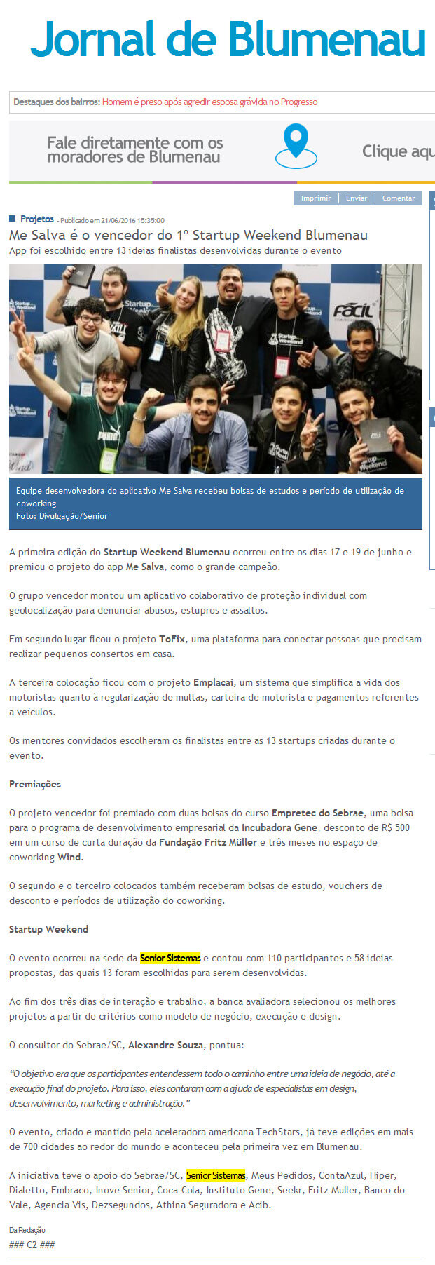 JORNAL DE BLUMENAU | Me Salva é o vencedor do 1º Startup Weekend Blumenau