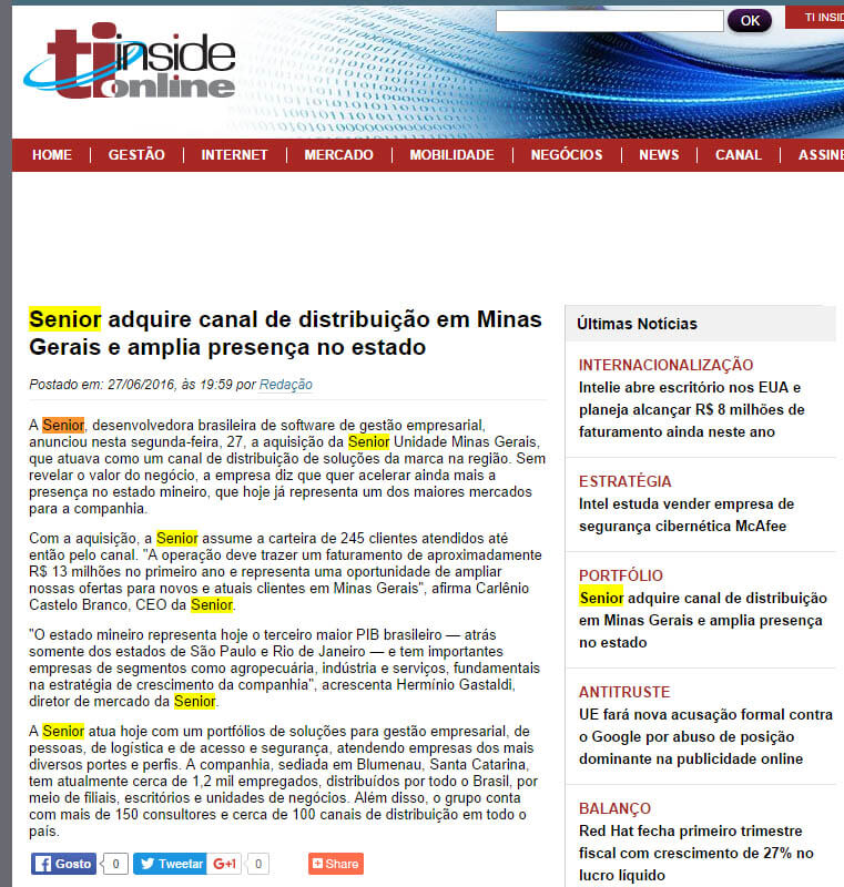 TI INSIDE | Senior adquire canal de distribuição em Minas Gerais e amplia presença no estado