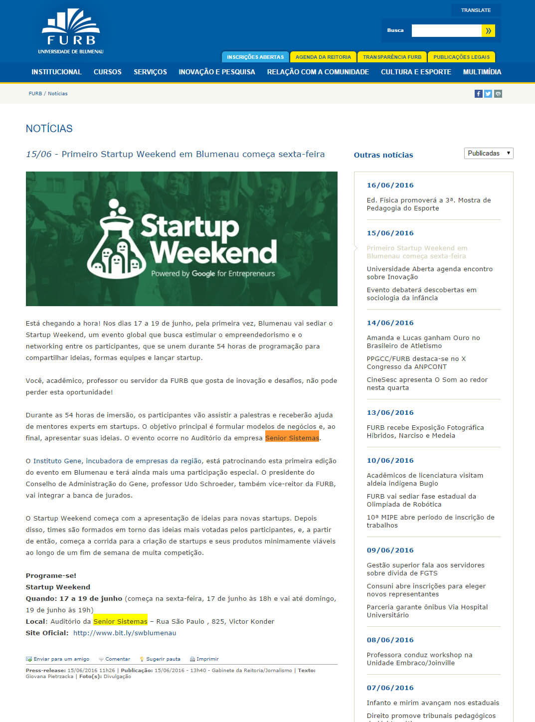 FURB | Primeiro Startup Weekend em Blumenau começa sexta-feira