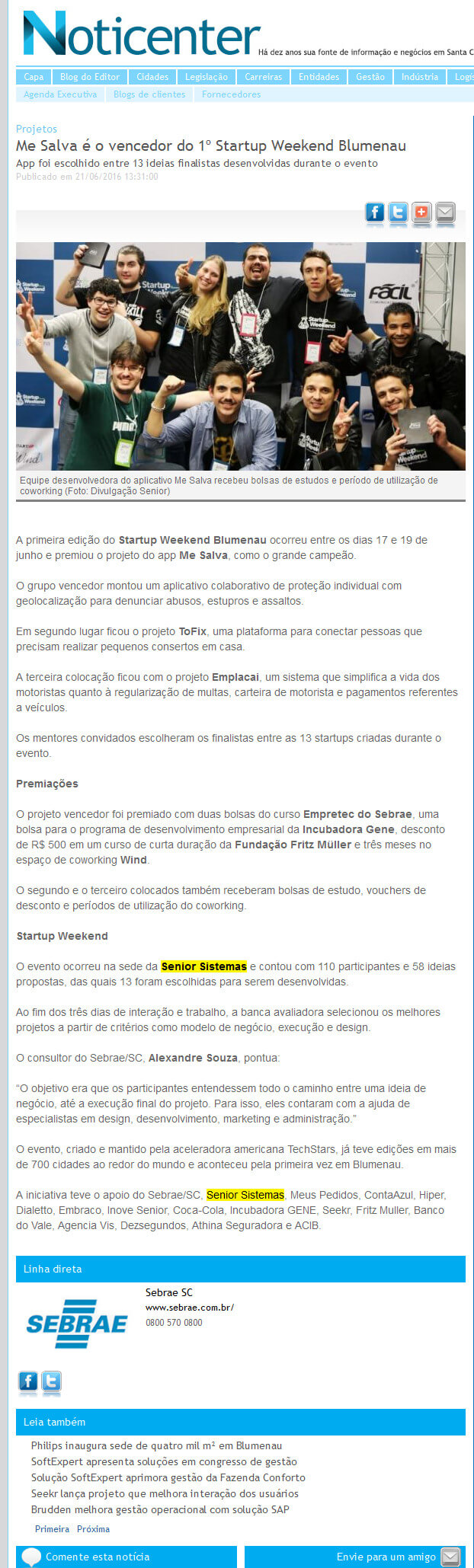 NOTICENTER | Me Salva é o vencedor do 1º Startup Weekend Blumenau