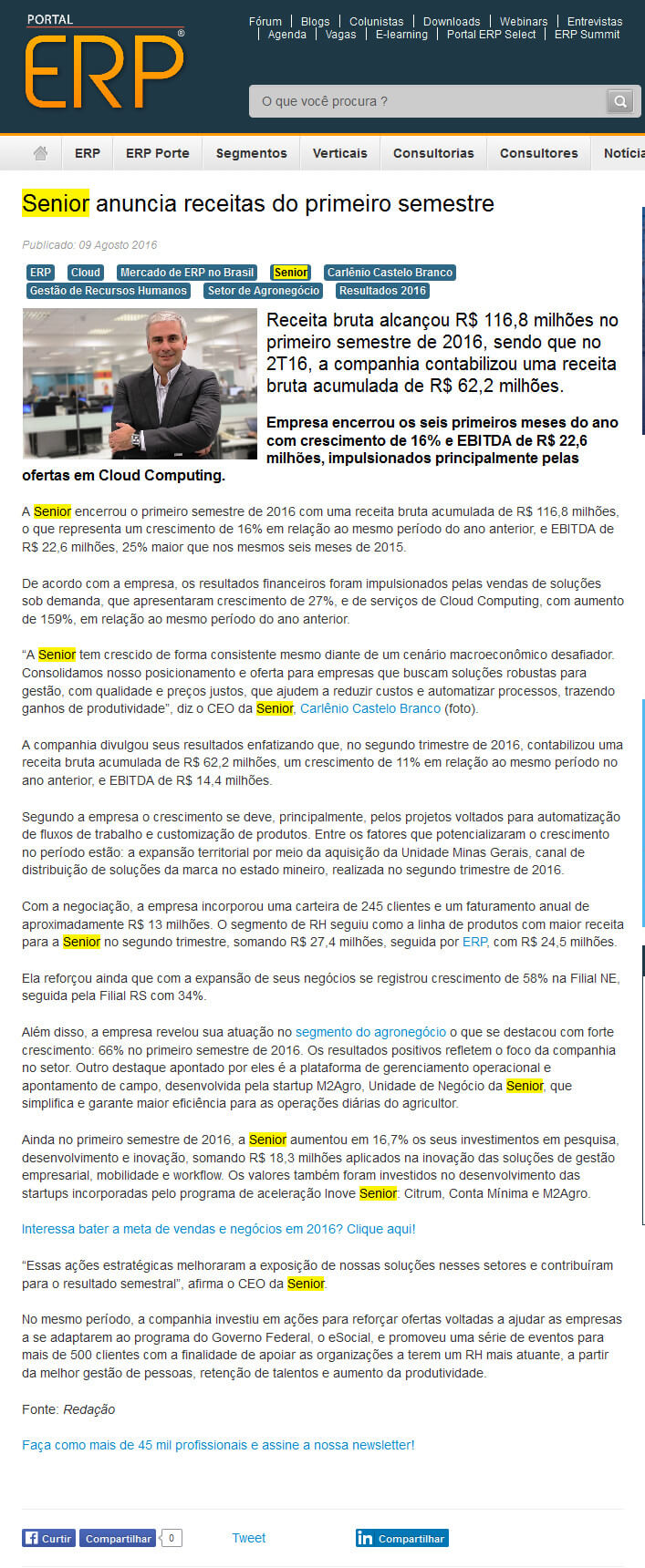 PORTAL ERP | Senior anuncia receitas do primeiro semestre
