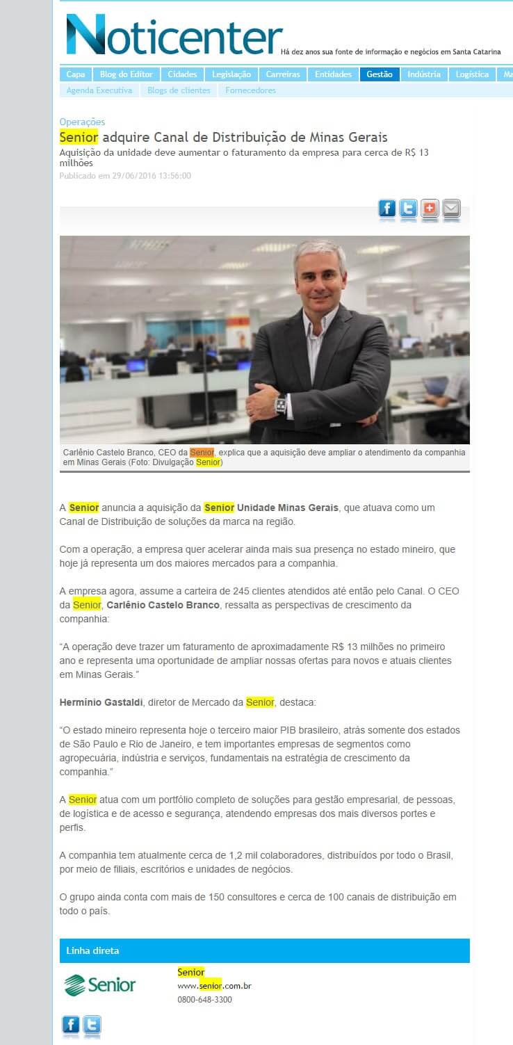 NOTICENTER | Senior adquire canal de Distribuição de Minas Gerais