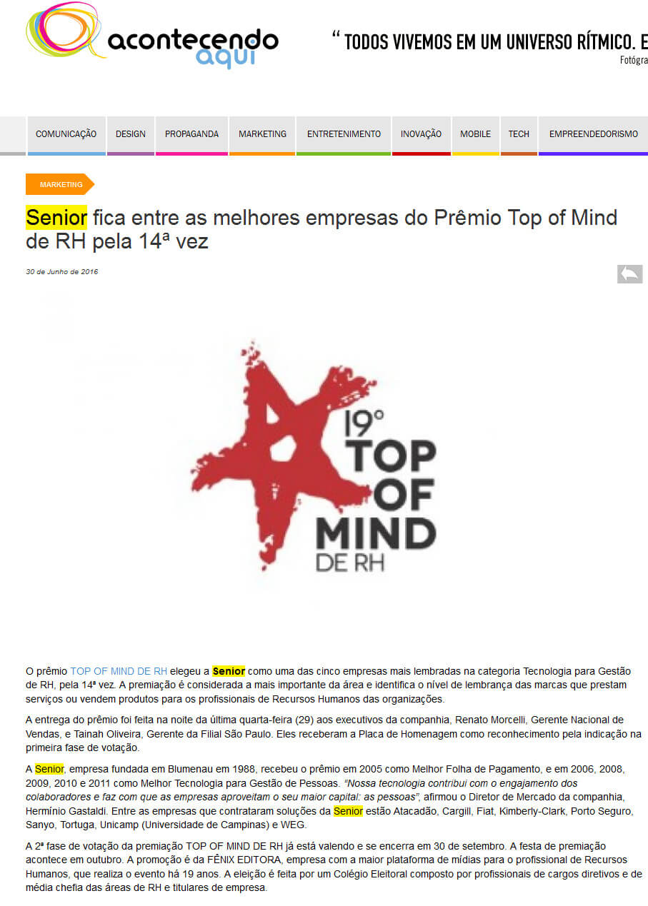 ACONTECENDO AQUI | Senior fica entre as melhores empresas do Prêmio Top of Mind de RH pela 14ª vez