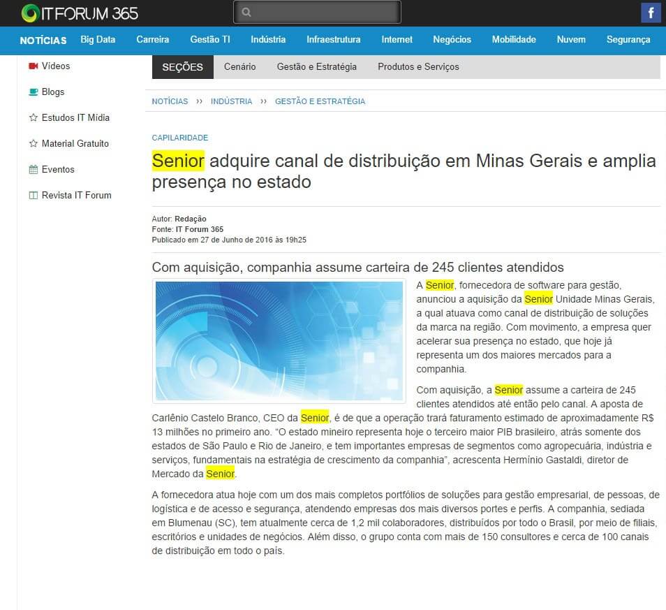 ITFORUM 365 | Senior adquire canal de distribuição em Minas Gerais e amplia presença no estado