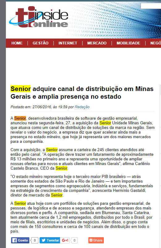 TI INSIDE | Senior adquire canal de distribuição em Minas Gerais e amplia presença no estado