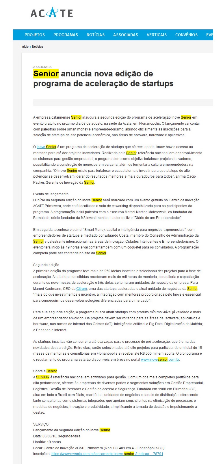 ACATE | Senior anuncia nova edição de programa de aceleração de startups