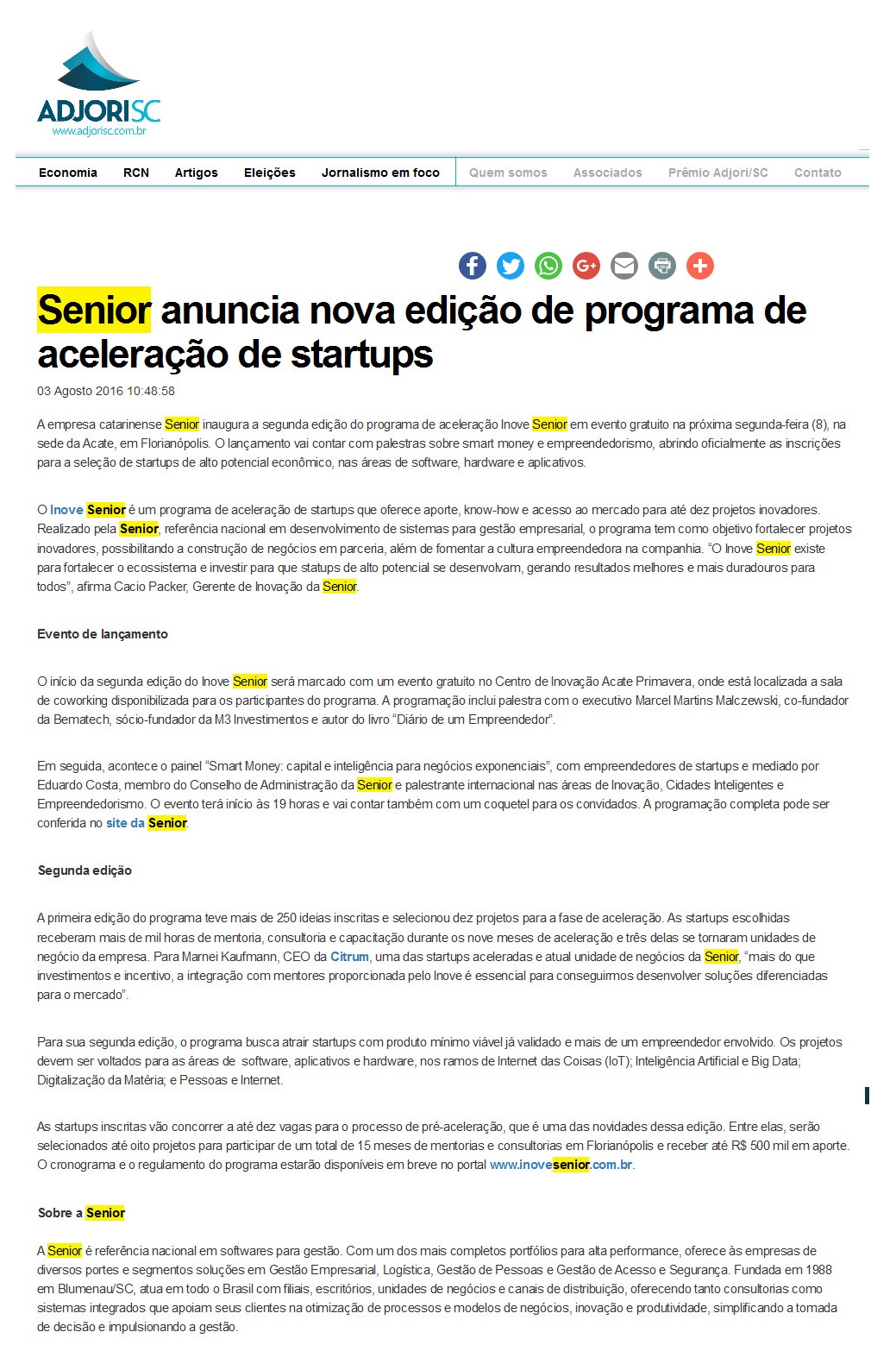 ADJORI | Senior anuncia nova edição de programa de aceleração de startups