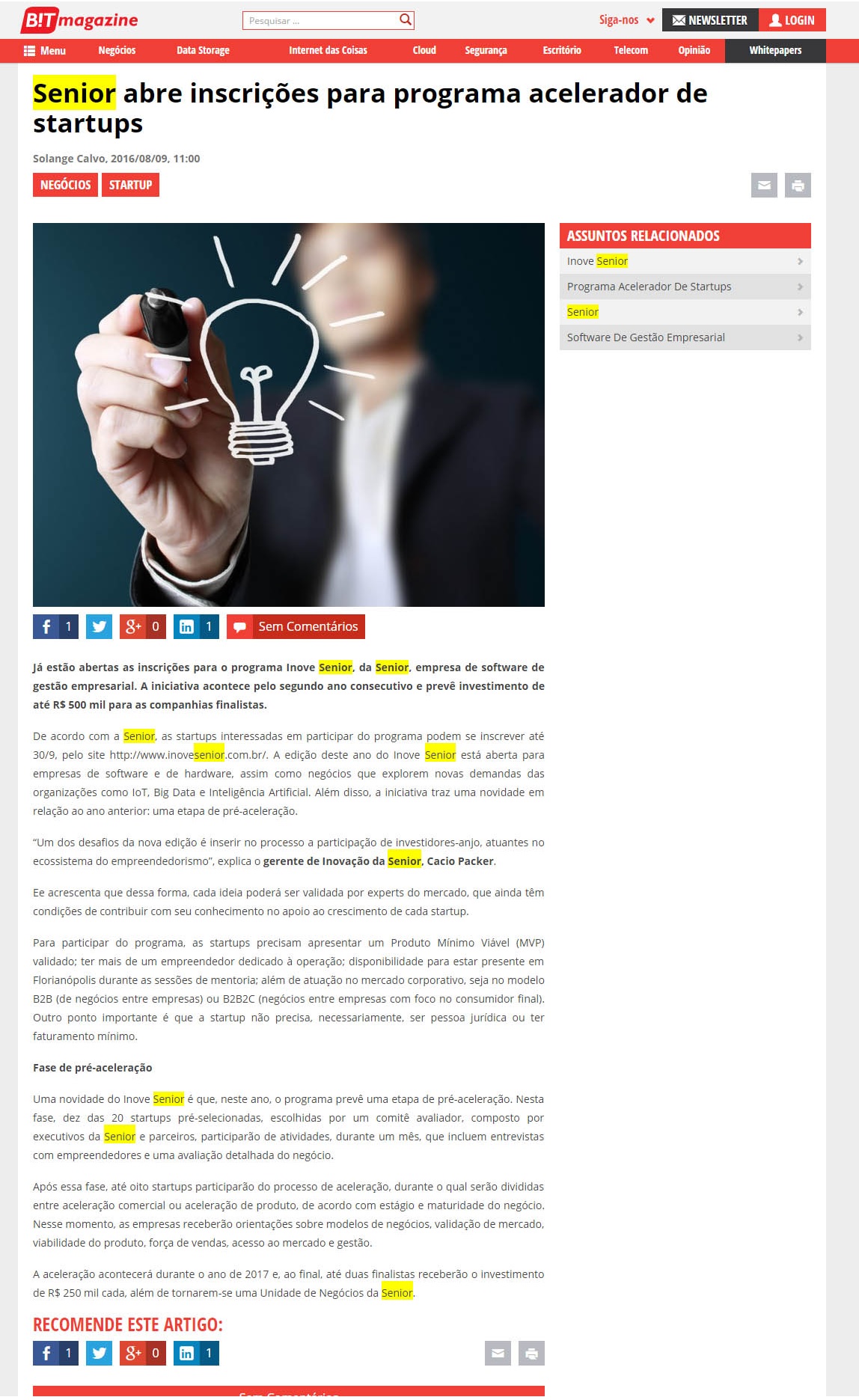 BIT MAGAZINE | Senior abre inscrições para programa acelerador de startups