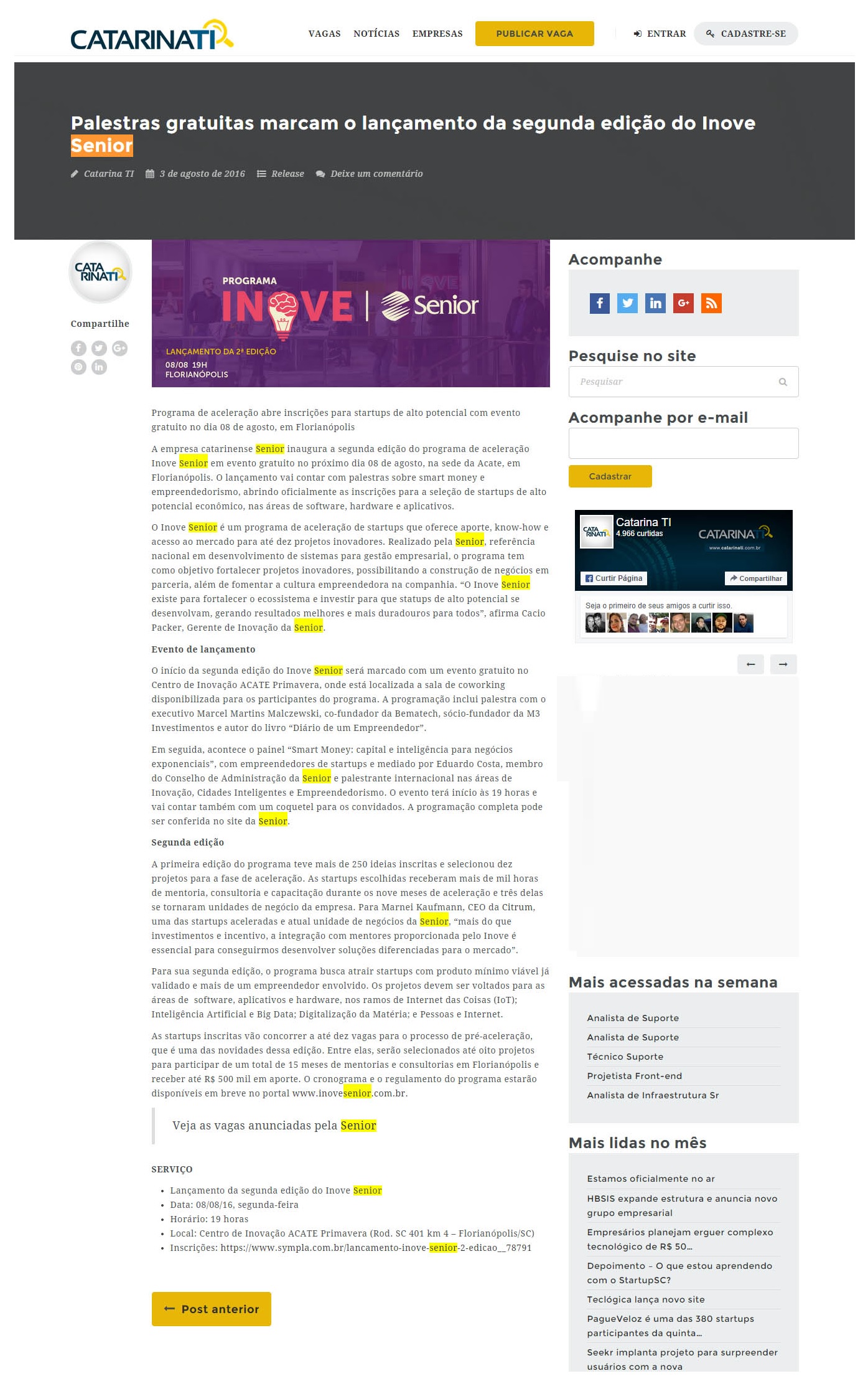 CATARINA TI | Palestras gratuitas marcam o lançamento da segunda edição do Inove Senior