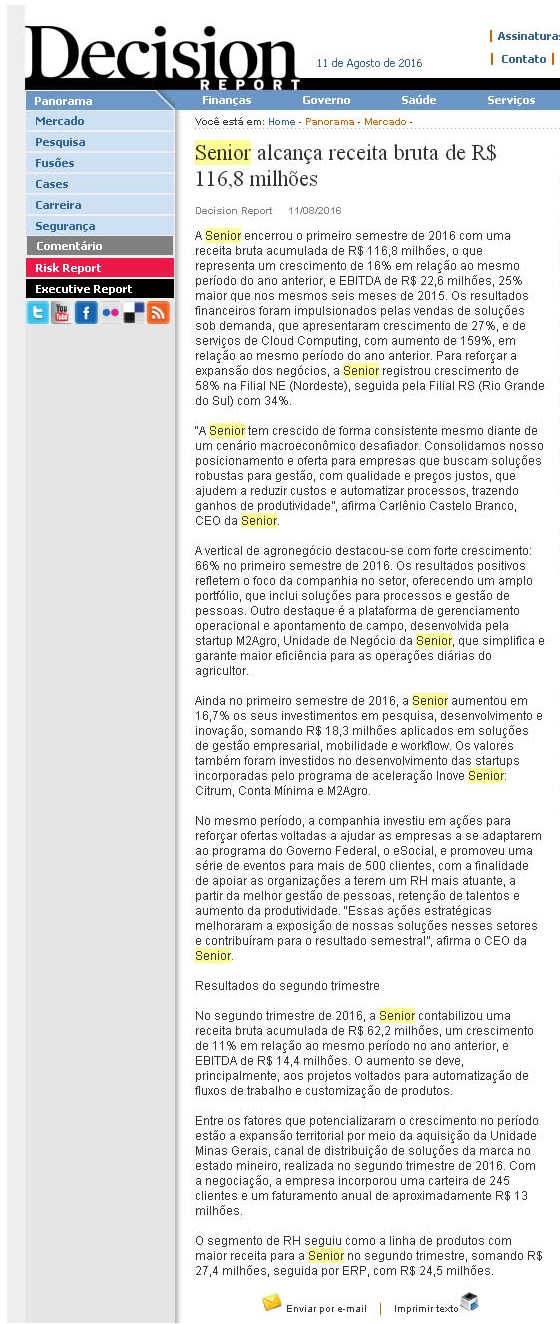 DECISION REPORT | Senior alcança receita bruta de R$ 116,8 milhões