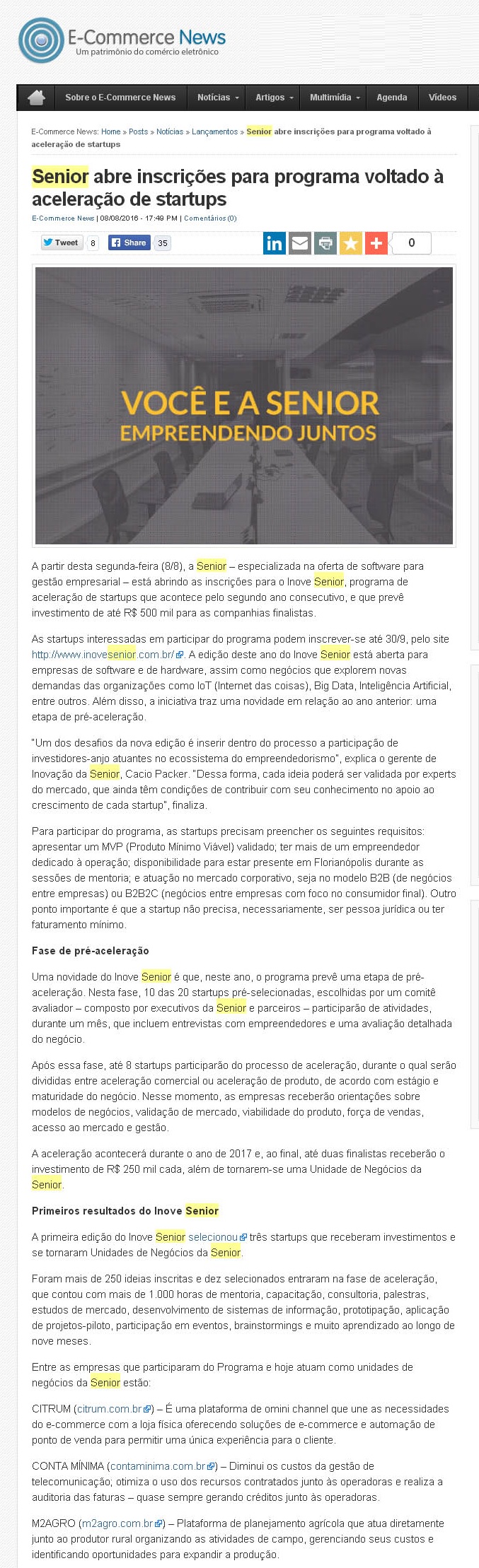 E-COMMERCE NEWS | Senior abre inscrições para programa voltado à aceleração de startups