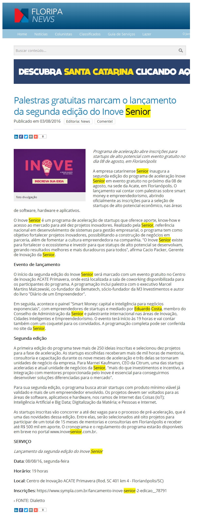 FLORIPA NEWS | Palestras gratuitas marcam o lançamento da segunda edição do Inove Senior