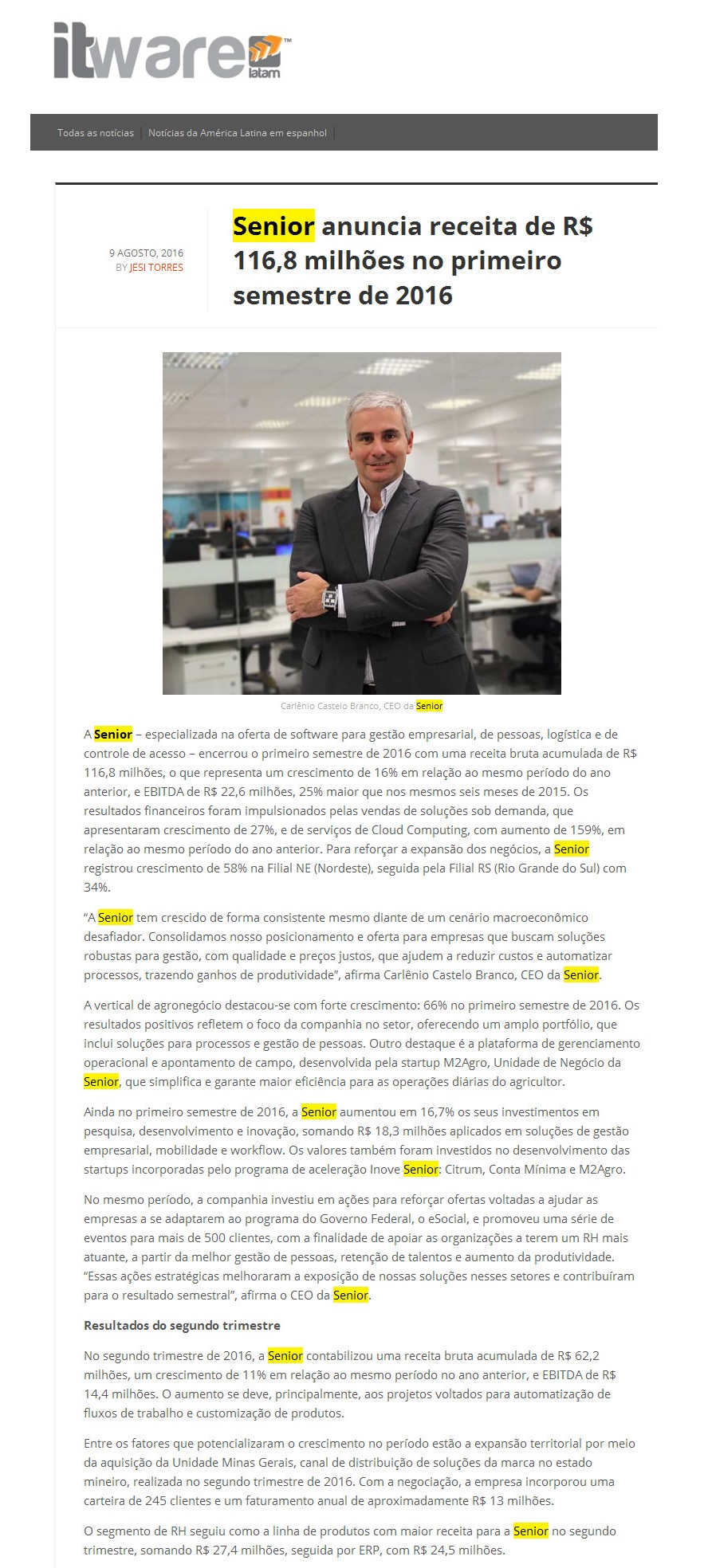 IT WARE | Senior anuncia receita de R$ 116,8 milhões no primeiro semestre de 2016