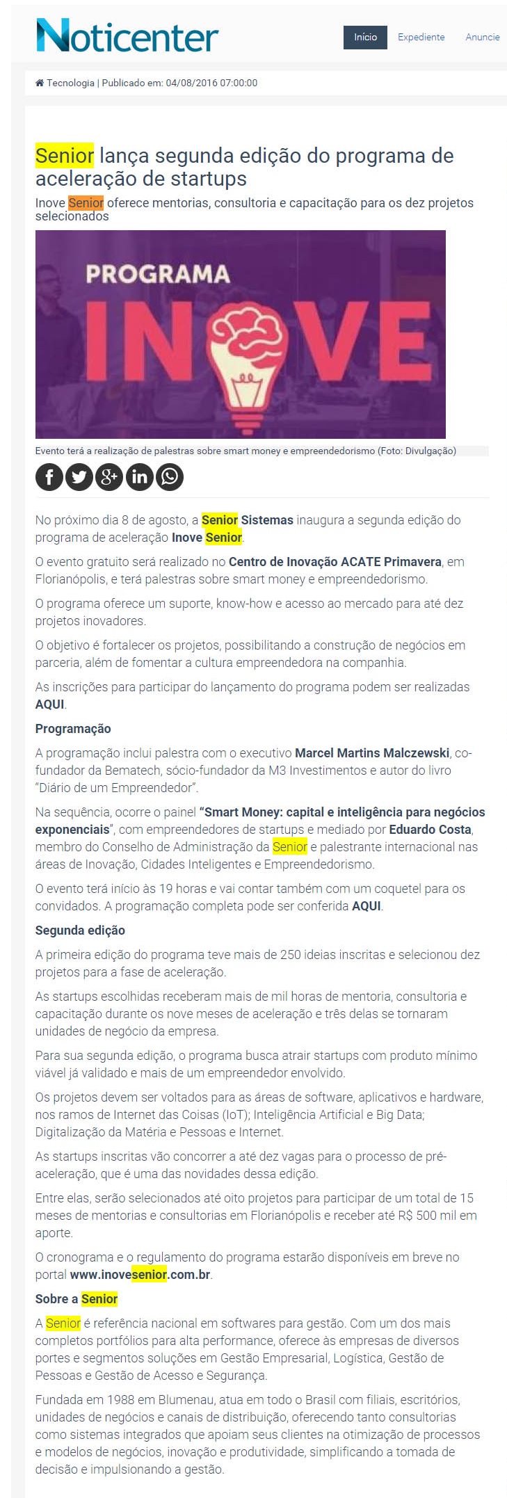 NOTICENTER | Senior lança segunda edição do programa de aceleração de startups