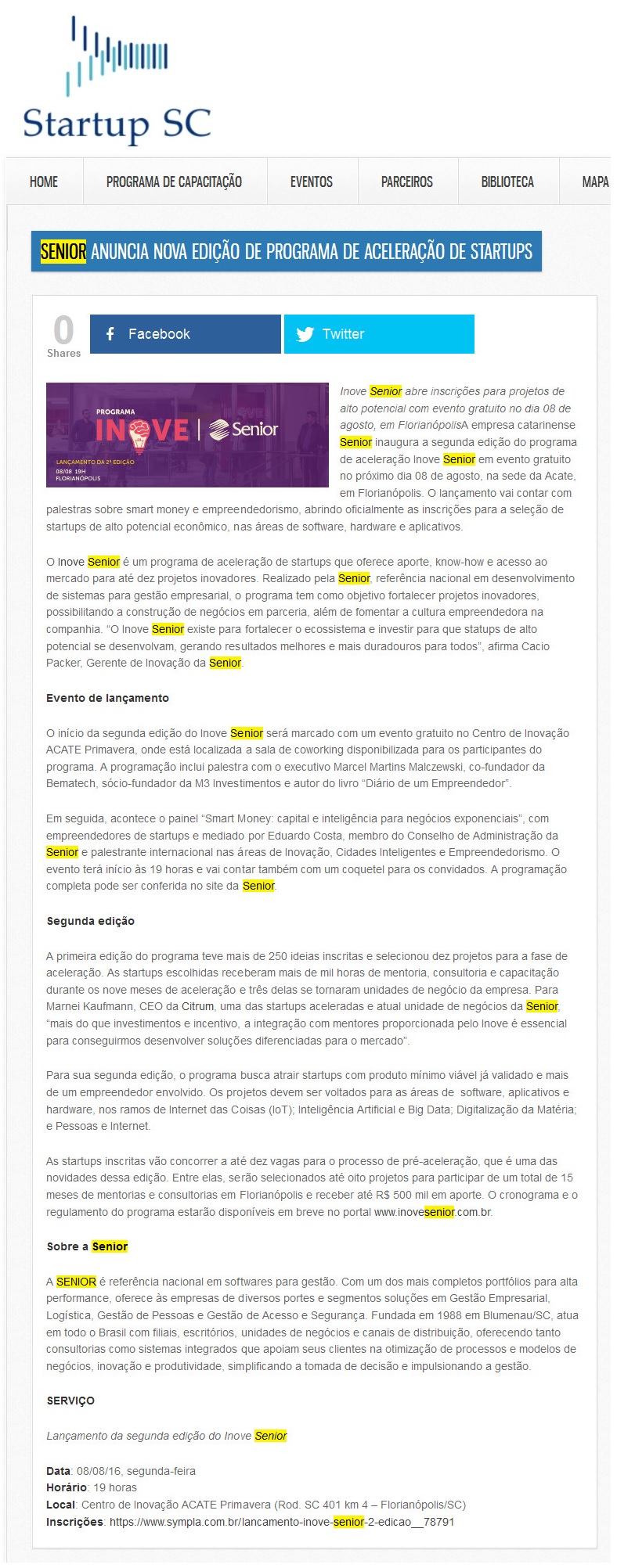 STARTUP SC | Senior anuncia nova edição de programa de aceleração de startups