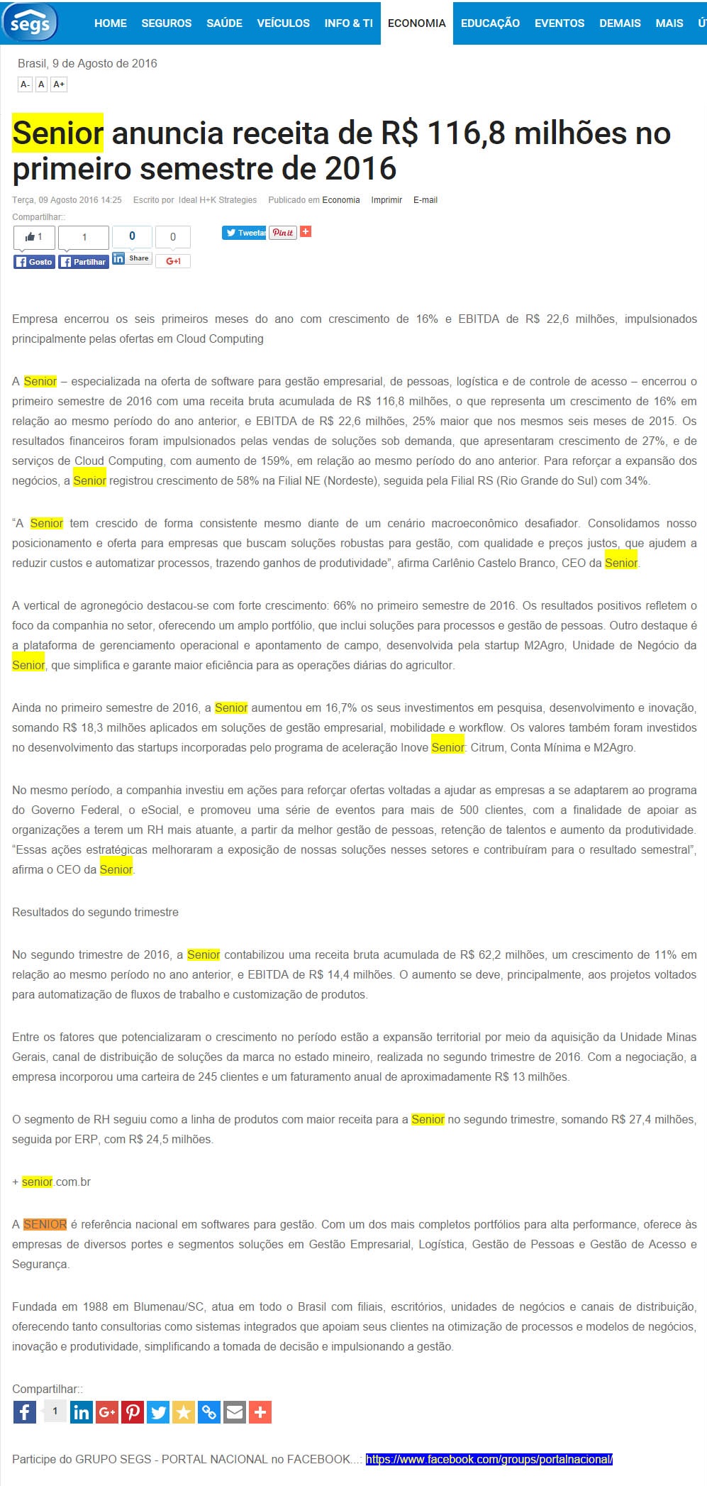 SEGS | Senior anuncia receita de R$ 116,8 milhões no primeiro semestre de 2016