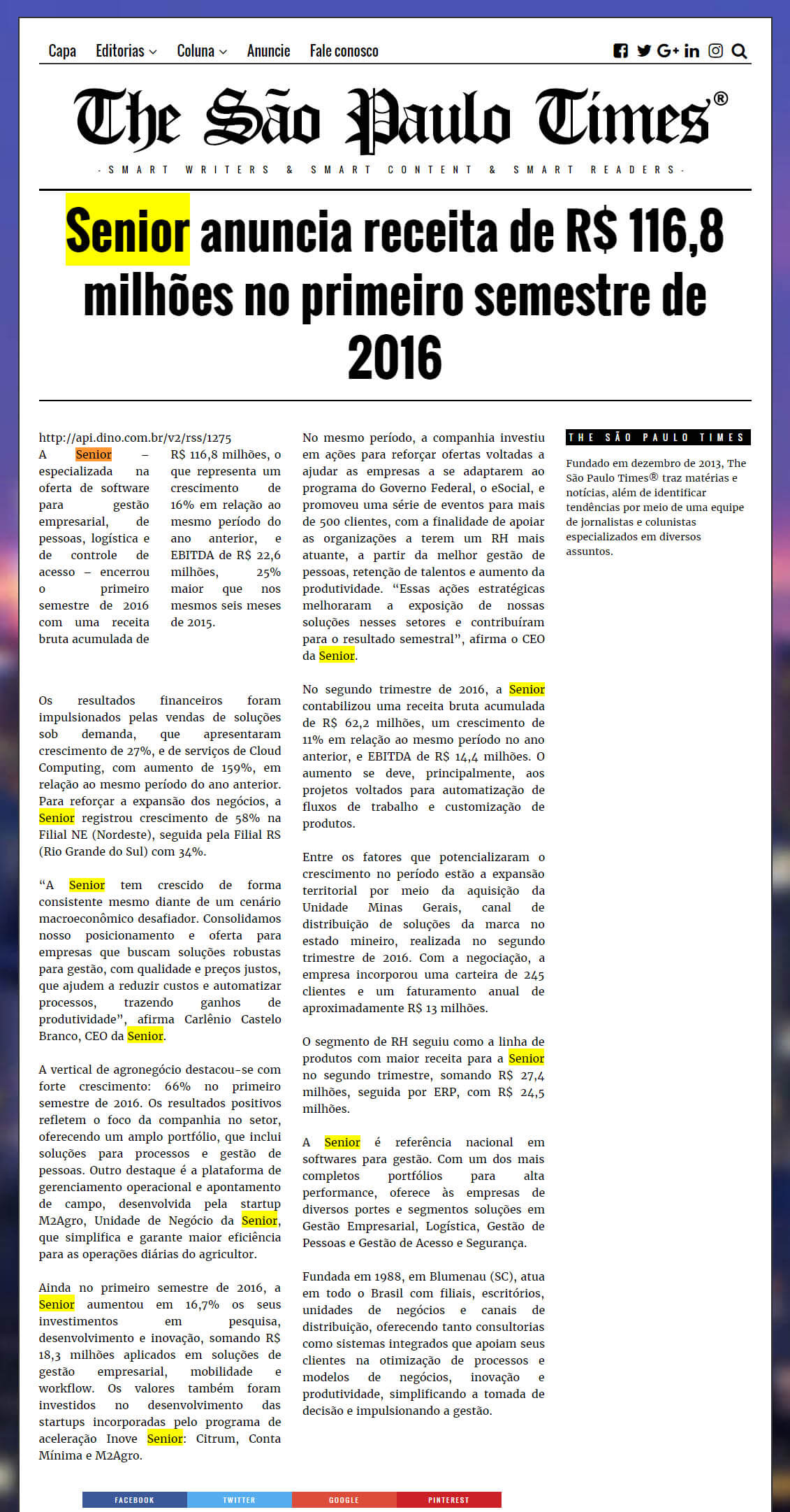 THE SÃO PAULO TIMES | Senior anuncia receita de r$ 116,8 milhões no primeiro semestre de 2016