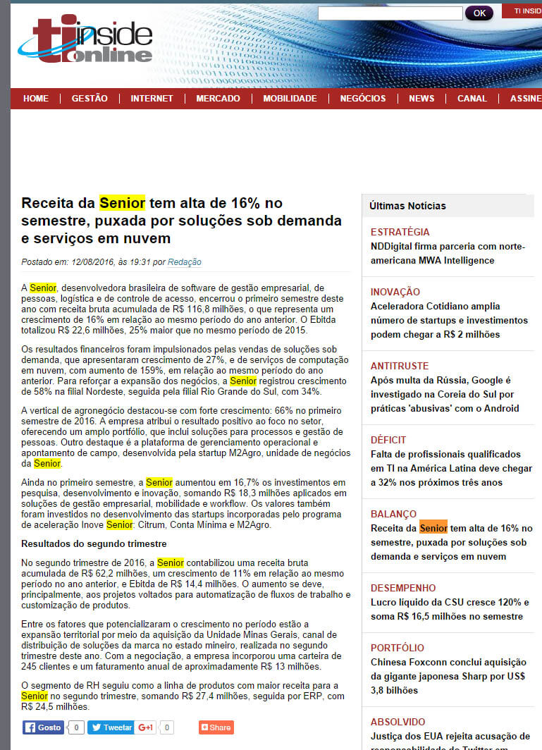 TI INSIDE | Receita da Senior tem alta de 16 no semestre, puxada por soluções sob demanda e serviços em nuvem