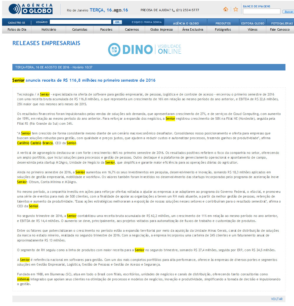 Agência O Globo | Senior anuncia receita de R$ 116,8 milhões no primeiro semestre de 2016