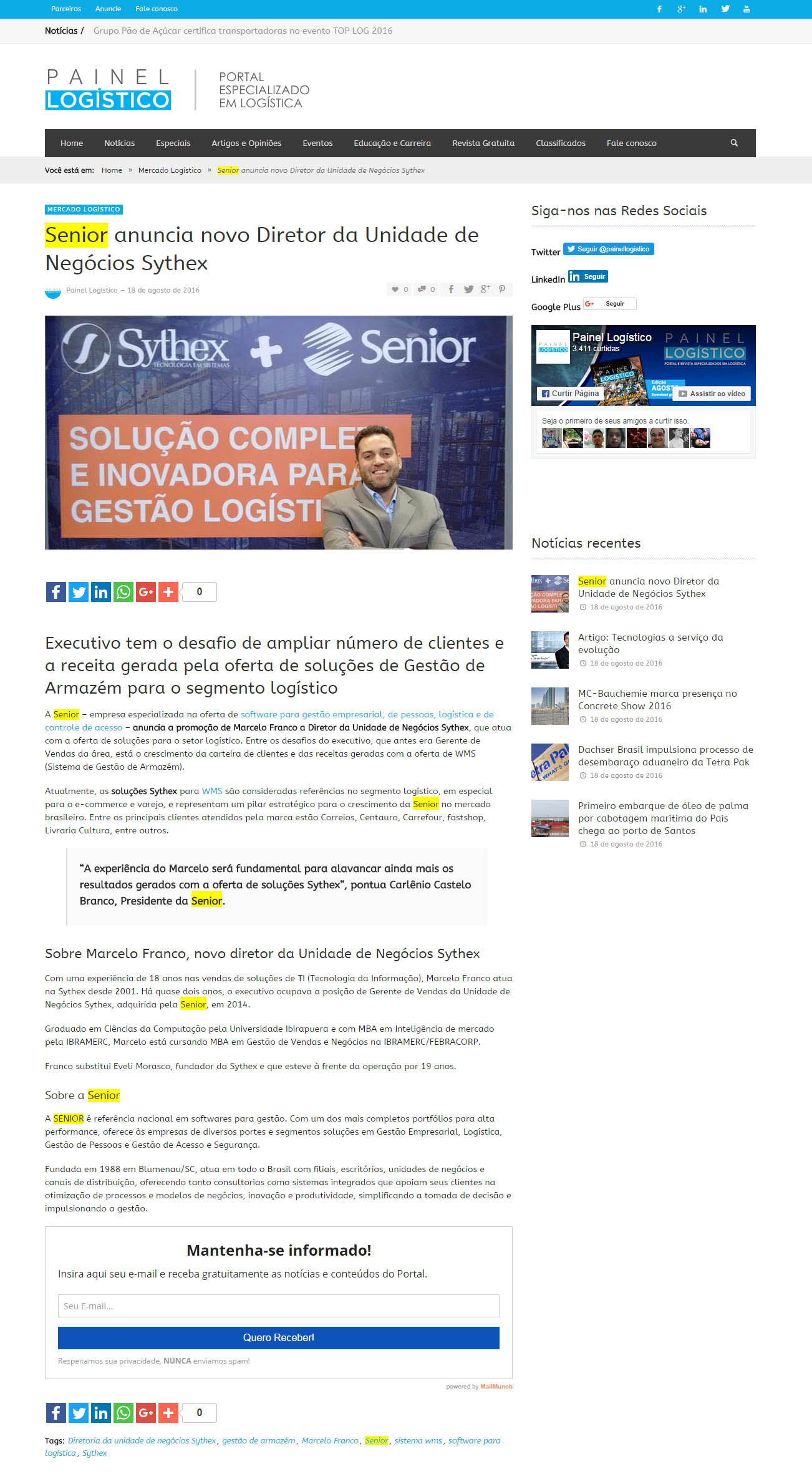 Portal Painel Logístico | Senior anuncia novo diretor da unidade de negócios SYTHEX
