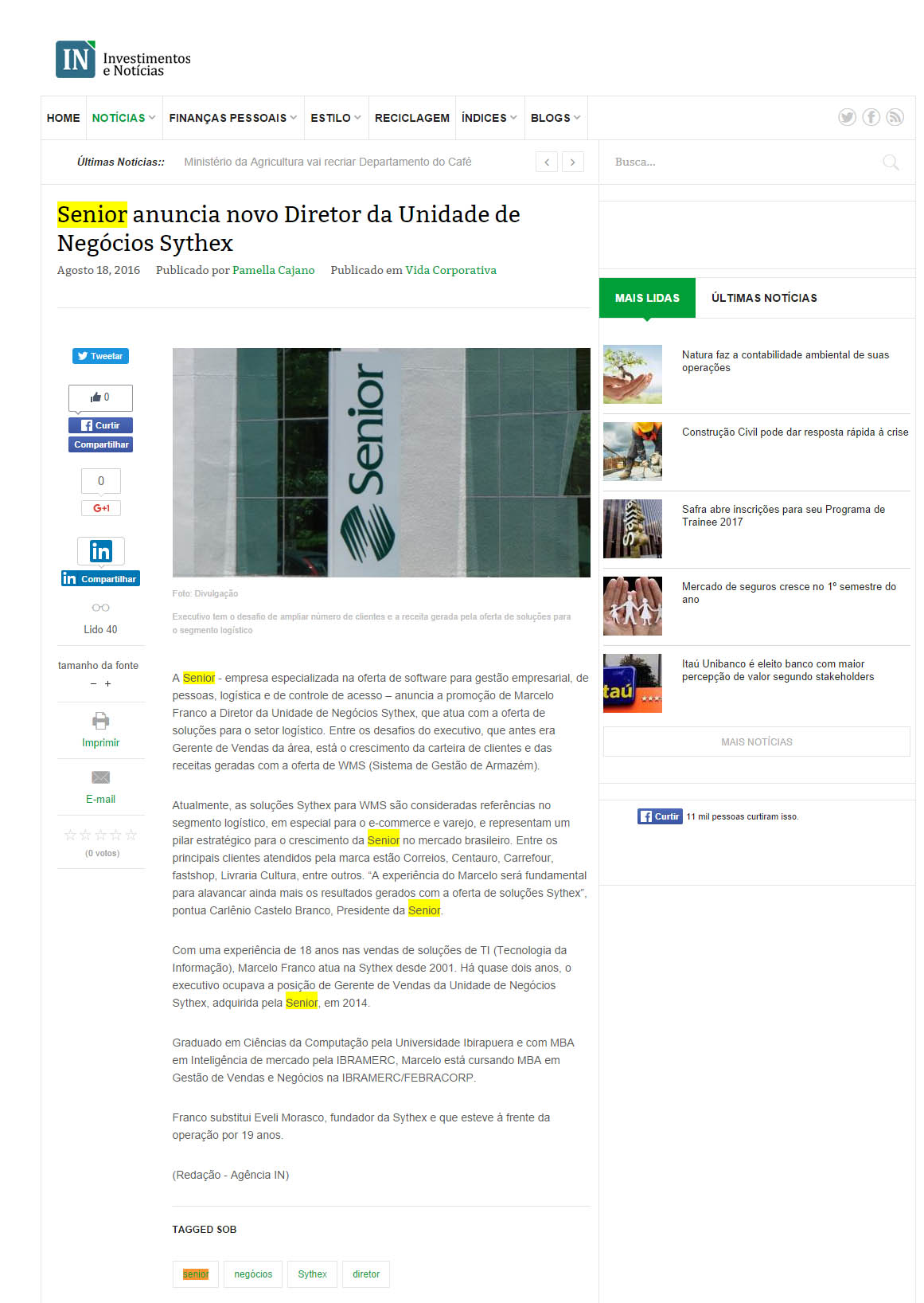 Investimentos e Notícias | Senior anuncia novo Diretor da Unidade de Negócios Sythex