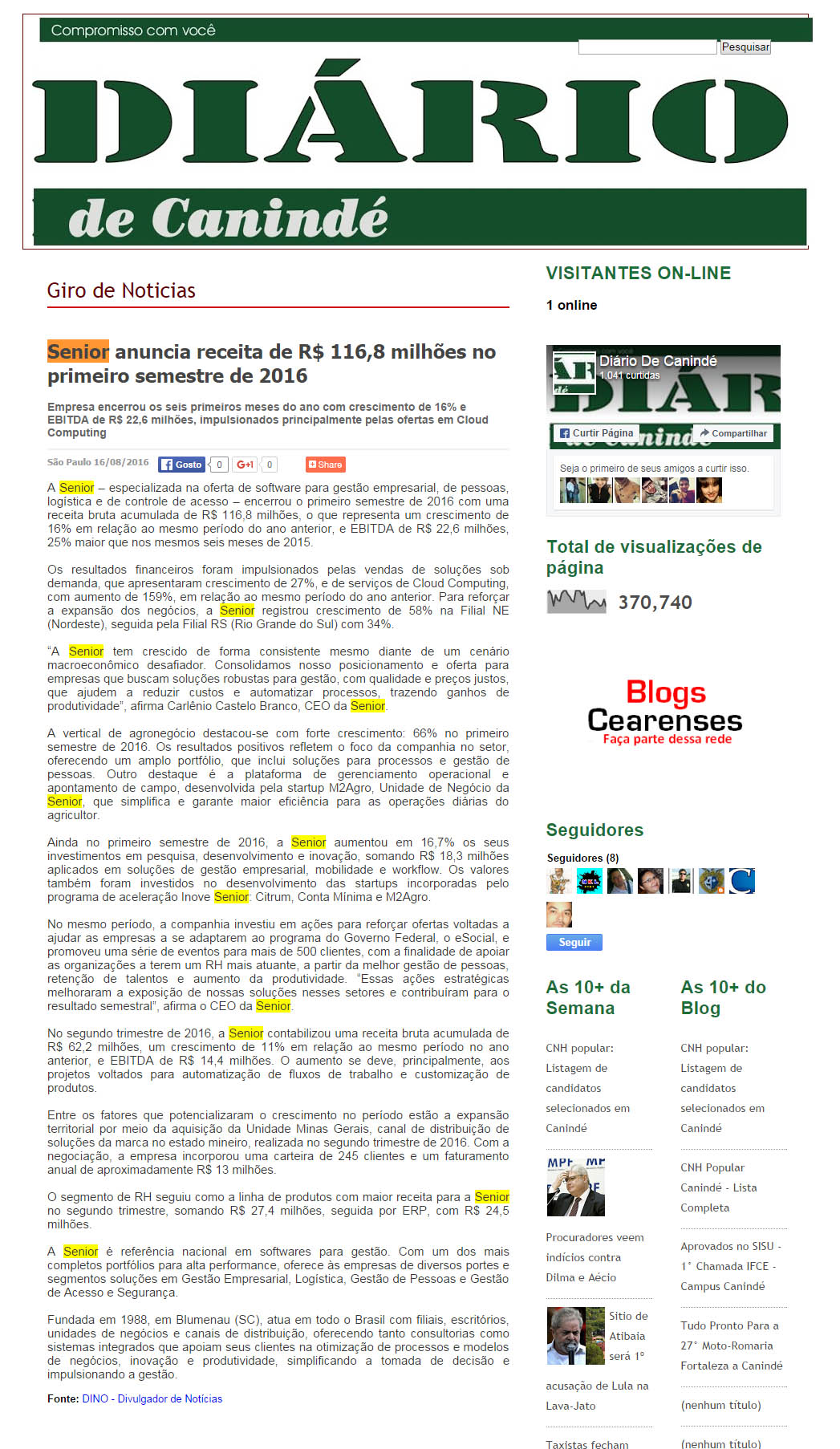 Diário De Canindé | Senior anuncia receita de R$ 116,8 milhões no primeiro semestre de 2016