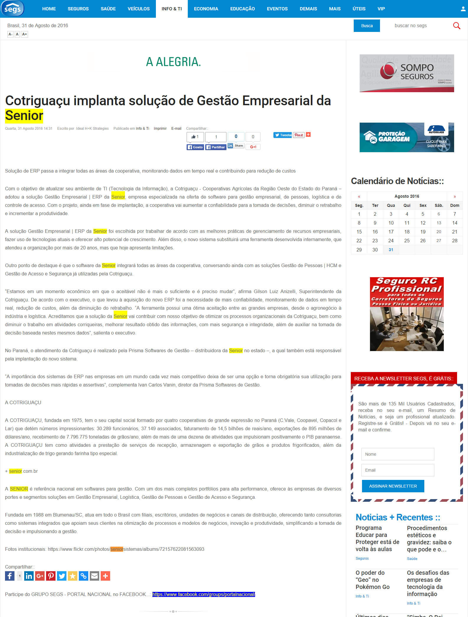 PORTAL SEGS | Cotriguaçu implanta solução de Gestão Empresarial da Senior