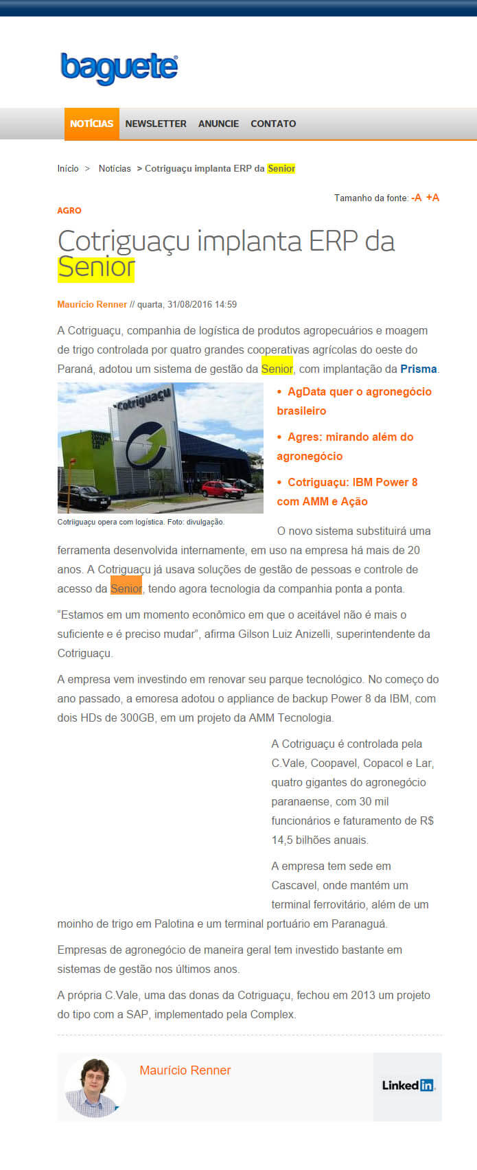 BAGUETE | Cotriguaçu implanta ERP da Senior