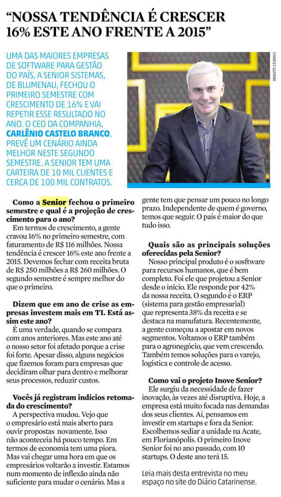 DIÁRIO CATARINENSE-RS | Nossa tendência é crescer 16% este ano frente a 2015
