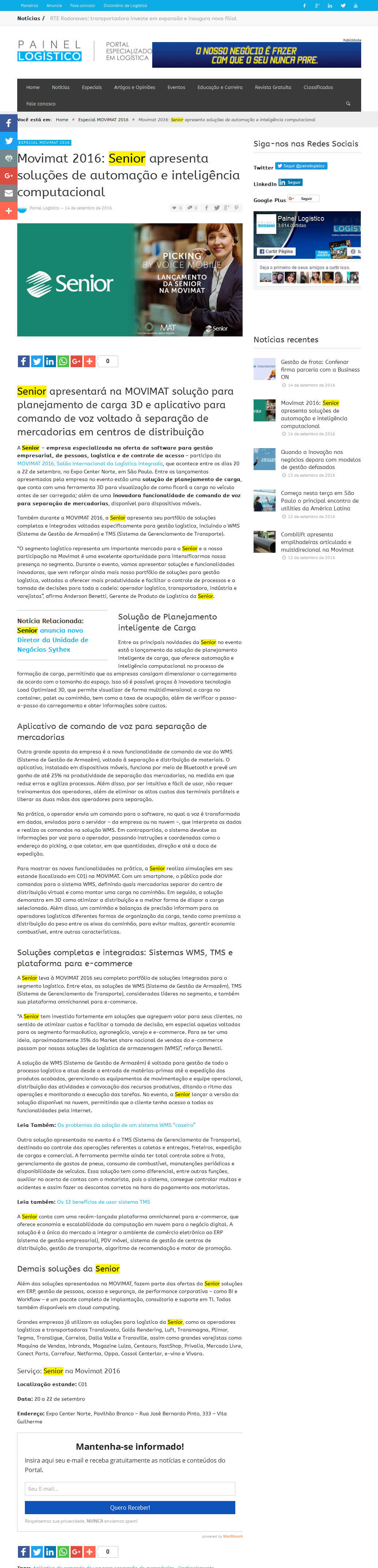 Painel Logístico | Movimat 2016 Senior apresenta soluções de automação e inteligência computacional