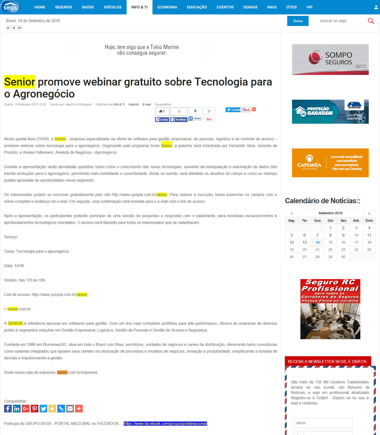 Portal Segs | Senior promove Webinar gratuito sobre Tecnologia para o Agronegócio
