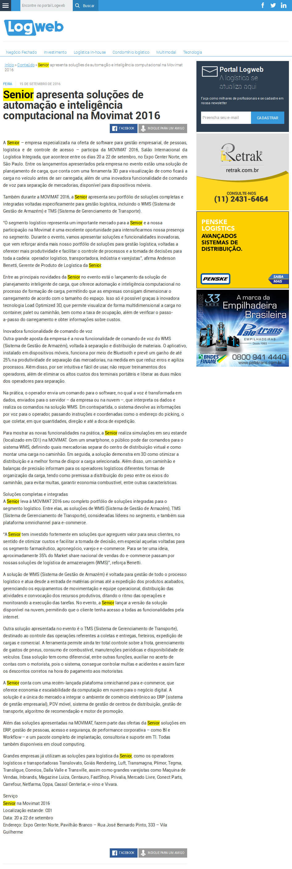 LOGWEB | Senior apresenta soluções de automação e inteligência computacional na Movimat 2016