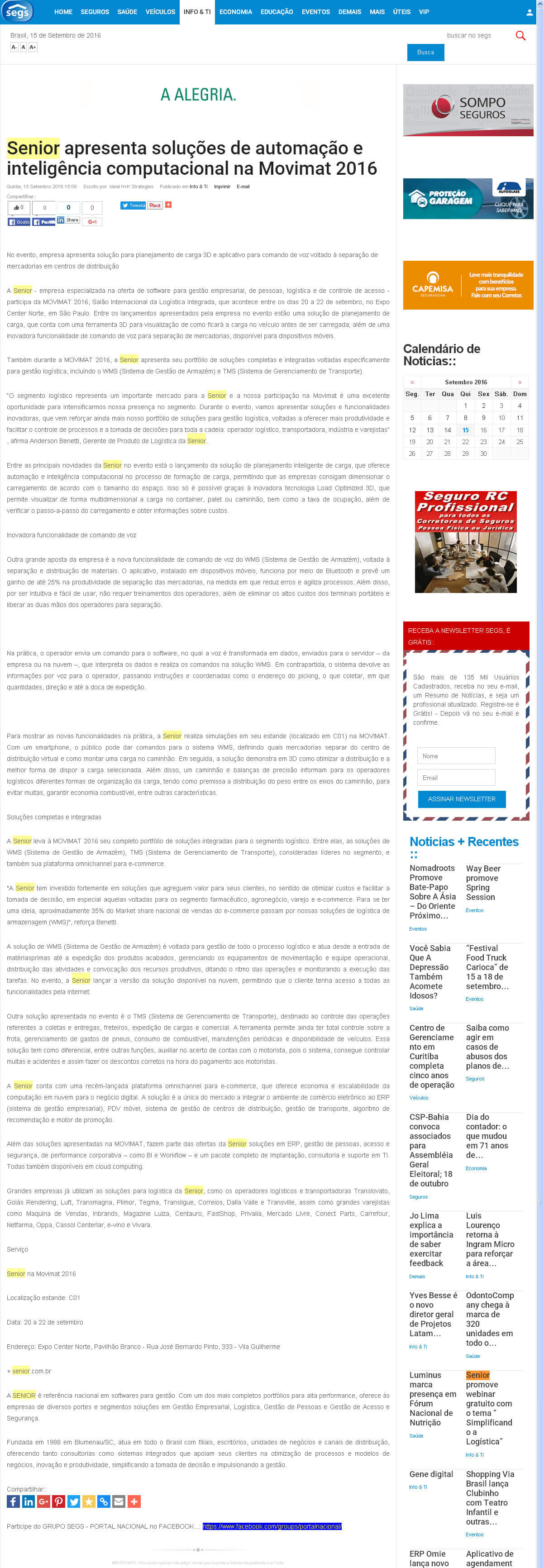 Portal Segs | Senior apresenta soluções de automação e inteligência computacional na Movimat 2016