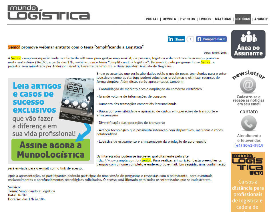 Mundo Logística | Senior promove Webinar gratuito com o tema simplificando a logística