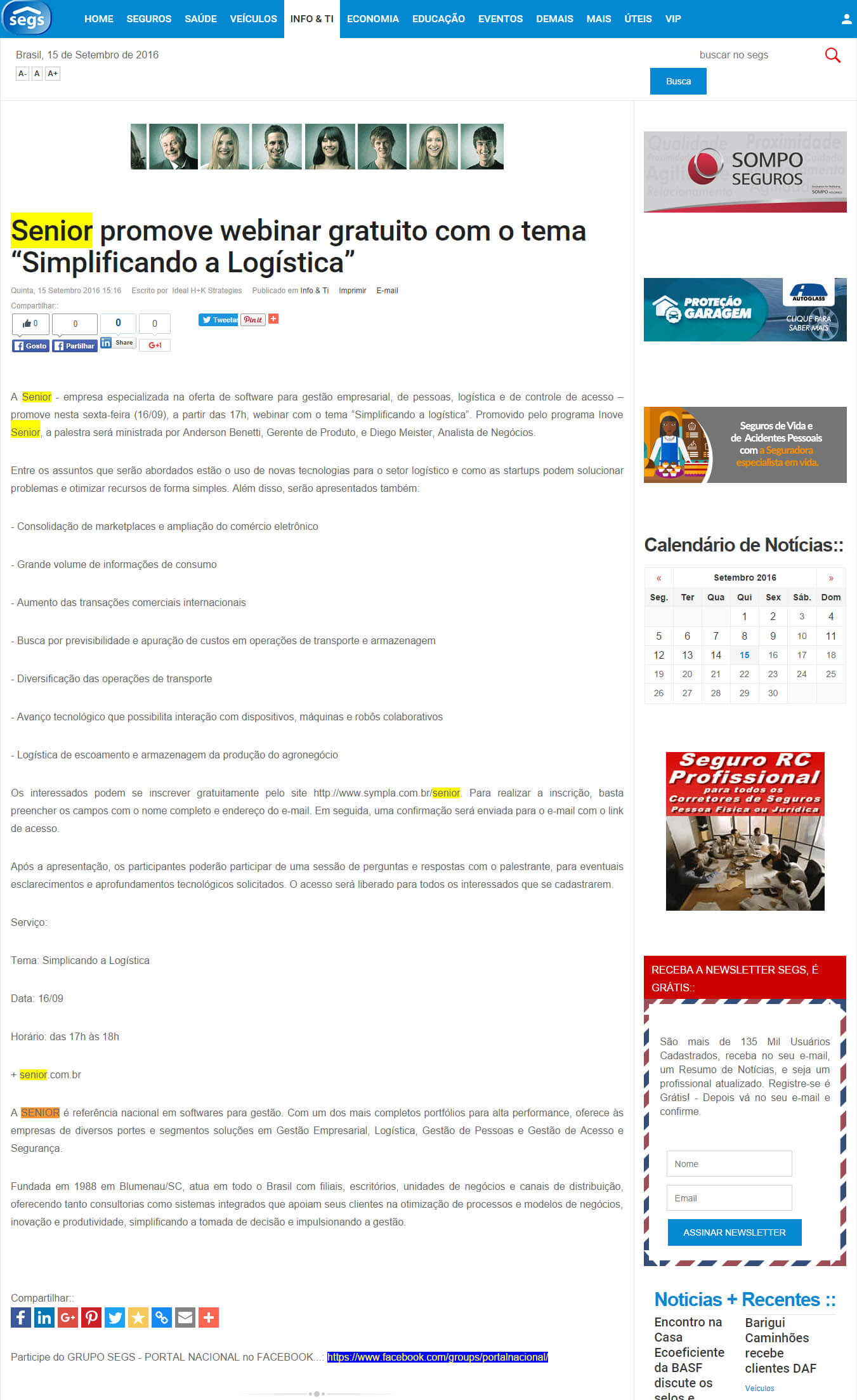 Portal Segs | Senior promove Webinar gratuito com o tema ”Simplificando a Logística”