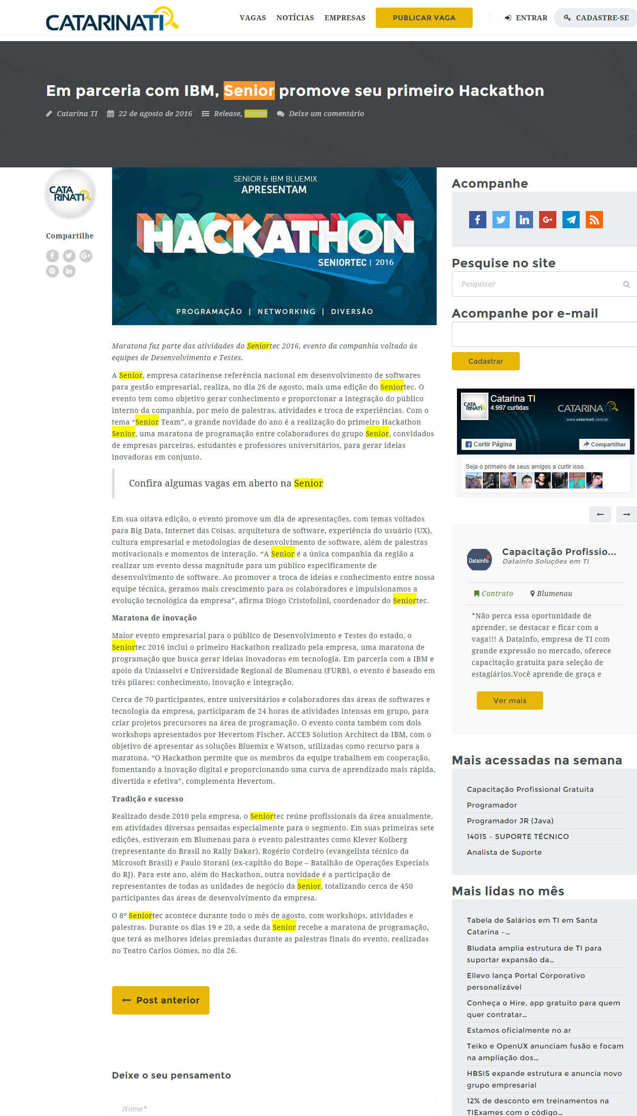 CATARINATI | Em parceria com IBM, Senior promove seu primeiro Hackathon