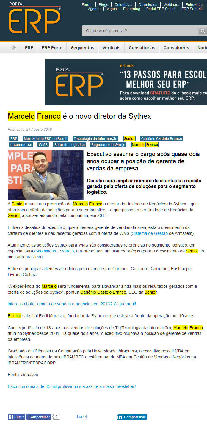 PORTAL ERP | Marcelo Franco é o novo diretor da Sythex