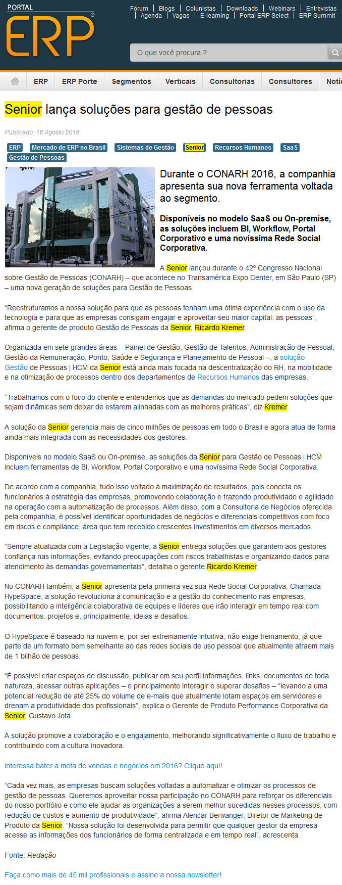 PORTAL ERP | Senior lança soluções para gestão de pessoas