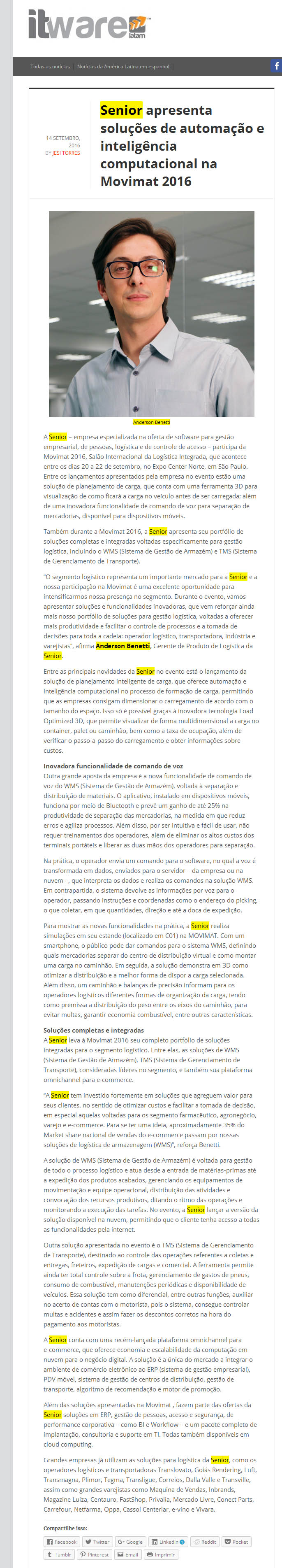 IT WARE | Senior apresenta soluções de automação e inteligência computacional na Movimat 2016