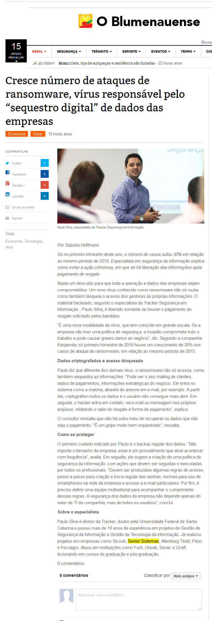 O Blumenauense | Cresce número de ataques de Ransomware, Vírus responsável pelo “sequestro digital” de dados das empresas