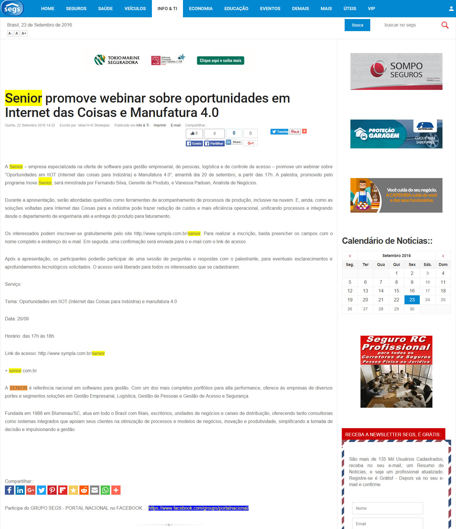 Portal Segs | Senior promove Webinar sobre oportunidades em internet das coisas e manufatura 4.0