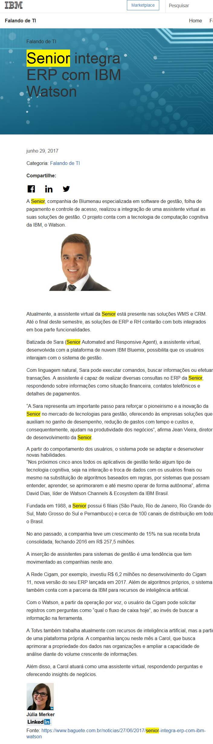IBM | Senior integra ERP com IBM Watson